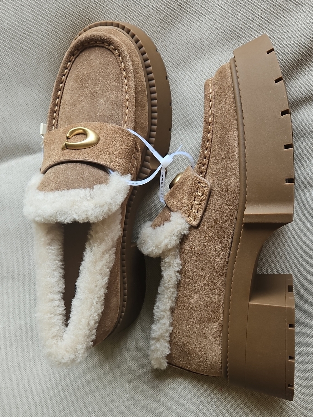 Coach Leah Platform Lug Sole Loafer Suede & Shearling Upper Coconut/Natural, 7 - Picture 9 of 10